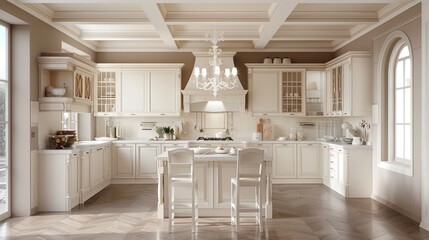Fototapeta premium Kitchens designed in classic style often have neutral colors. They use colors like white, cream, beige and light pastels to create a relaxing and welcoming environment.