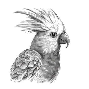 recommend clip art: Black and white Vintage engraved art of a cockatiel portrait isolated on white background, ink sketch illustration, simple vector art design, highly detailed line art, high contrasty