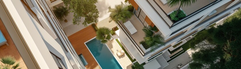 Fototapeta premium An aerial view of a villa with a pool.