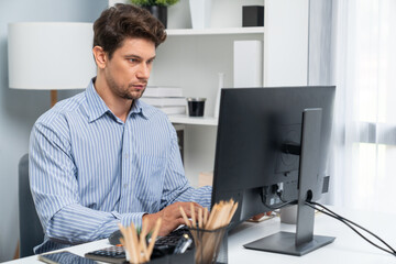 Casual outfit businessman looking report on pc screen, analyzing to create marketing plan to analyze new customer target on social media channel web page online promotion at modern office. Postulate.