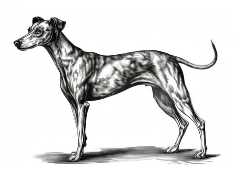 recommend clip art: Black and white Vintage engraved art of a Whippet isolated on white background, ink sketch illustration, simple vector art design, highly detailed line art, high contrasty 