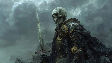 Fototapeta premium A dark fantasy scene featuring a skeletal warrior in ominous clouds, holding a sword and exuding an aura of power and mystery.