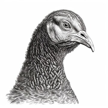 recommend clip art: Black and white Vintage engraved art of a turkey portrait isolated on white background, ink sketch illustration, simple vector art design, highly detailed line art, high contrasty