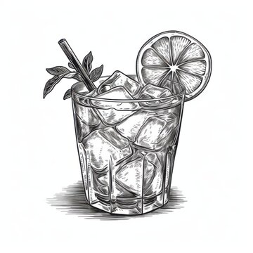 recommend clip art: Black and white Vintage engraved art of a Rum Punch isolated on white background, ink sketch illustration, simple vector art design, highly detailed line art, high contrasty