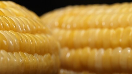 A close up view of fresh corn reveals a golden yellow kernel with against a black background. This plump and nutrient-rich gem boasts a glossy sheen, hinting at its sweet and buttery. Comestible.