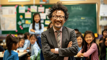 Cheerful Asian Professor with Students in Vibrant Classroom