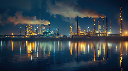 an oil refinery at night with reflection in the water