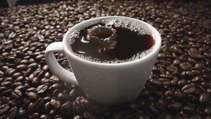 Close up of coffee bean drop in to hot espresso with pile of coffee seed. Macro of freshly roasted bean falling in to cup with aromatic smoke. Slow motion. Organic coffee seed concept. Comestible.