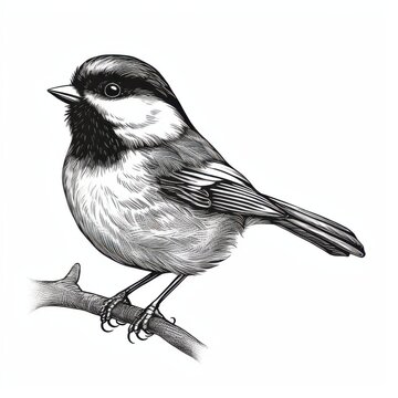recommend clip art: Black and white Vintage engraved art of a chickadee isolated on white background, ink sketch illustration, simple vector art design, highly detailed line art, high contrasty