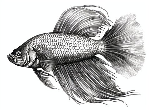 recommend clip art: Black and white Vintage engraved art of a betta fish isolated on white background, ink sketch illustration, simple vector art design, highly detailed line art, high contrasty 7e
