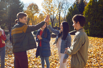 Group of happy young friends are walking through the park on a clear sunny autumn day. Smiling...
