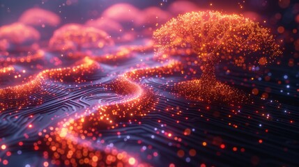 Obraz premium A Digital Image of a Tree Growing On Top of a Circuit Board With Glowing Lights Around It - Generative AI