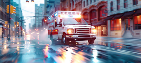 A white ambulance speeds through a wet city street, its flashing lights cutting through the rainy twilight as it races towards an unknown emergency
