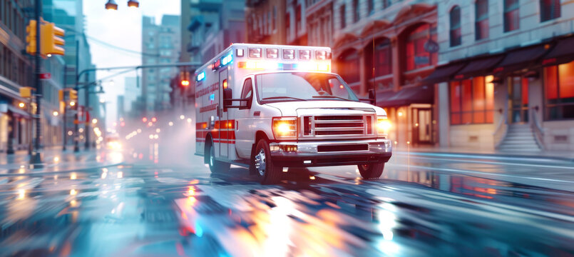 A white ambulance speeds through a wet city street, its flashing lights cutting through the rainy twilight as it races towards an unknown emergency