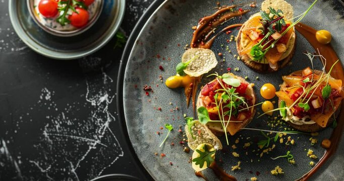 Capture the elegance and artistry of fine dining with a top view of gourmet dishes in a real, high-resolution image.