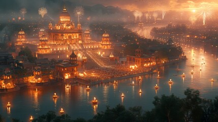 Naklejka premium A Large City Is Lit up at Night With Fireworks in the Sky and Boats on the Water - Generative AI