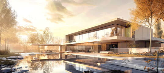 Fototapeta premium A modern, luxurious home with a large pool and garden, set against a backdrop of golden hour sky