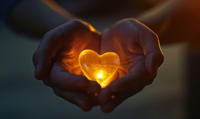 Fototapeta premium Illuminating Compassion: Hands Cradling a Radiant Heart. Abstract 4K Wallpaper Symbolizing Gratitude, Help, and Hope. A Powerful Visual Metaphor for Human Kindness and Emotional Connection, Inspiring 