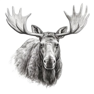 recommend clip art: Black and white Vintage engraved art of a portrait of a moose isolated on white background, ink sketch illustration, simple vector art design, highly detailed line art, high contrasty.