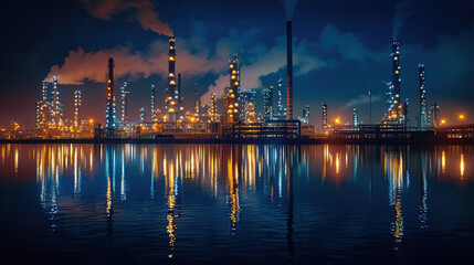 Fototapeta premium an oil refinery at night with reflection in the water
