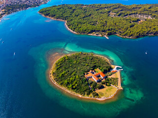 Aerial panoramic view of the Kosljun island in the Adriatic Sea in Croatia 
