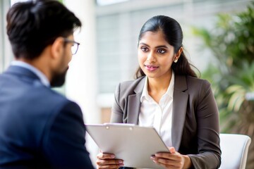 "Indian Female Manager Conducting Performance Review" – A woman conducting a performance evaluation with an employee.
