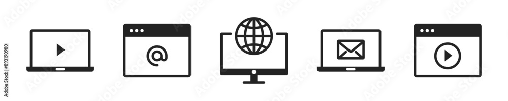 Sticker information technology icon set. set of 5 outline icons related to network, web design, website, com