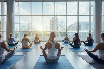 Fototapeta premium A group of individuals practices yoga at sunrise in a bright and modern studio with large windows
