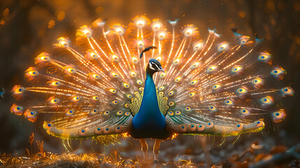 Peacock with scattered feathers in light illustration