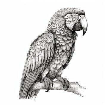 Black and white Vintage engraved art of a macaw isolated on white background, ink sketch illustration, simple vector art design, highly detailed line art, high contrasty