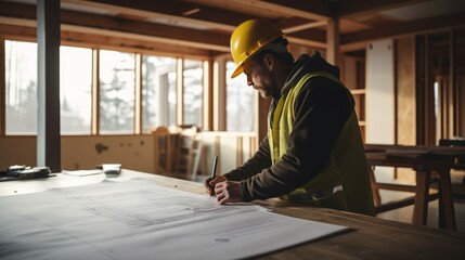 Professional construction worker planning home renovation with blueprints and pencil markings