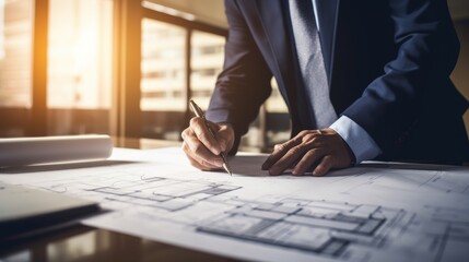 Architect marking blueprints for home renovation project