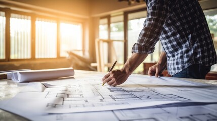 Architect marking blueprints for home renovation project