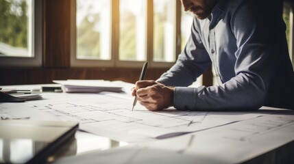 Architect marking blueprints for home renovation project