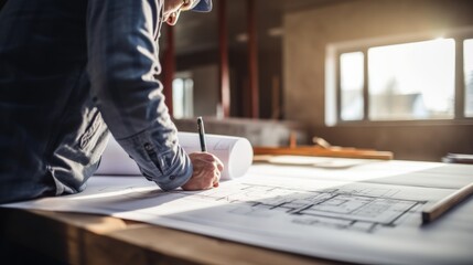 Architect marking blueprints for home renovation project