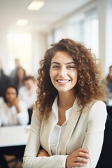 Cheerful woman at an office conference with colleagues in the background