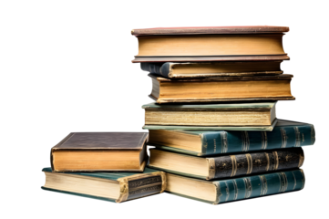 Stack of hardcovered old books isolated on transparent or white background.