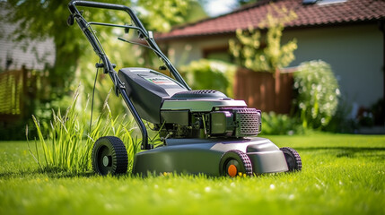 Photos of A man pruning horticulture with lawnmower machine trimming grass outdoor in the backyard, using natural light.