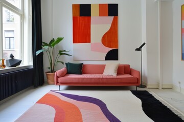 Interior of a living room with a pink sofa and a black carpet
