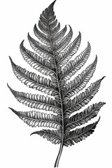 Black and white Vintage engraved art of a fern frond isolated on white background, ink sketch illustration, simple vector art design, highly detailed line art, high contrasty 