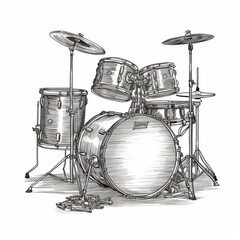 Black and white Vintage engraved art of a drum set isolated on white background, ink sketch illustration, simple vector art design, highly detailed line art, high contrasty