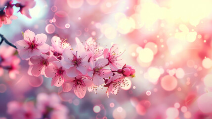 Spring Blossom Border with Pink Flowers and Sun Flare - Beautiful Nature Scene, Blooming Tree, Bokeh Background, Serene Morning, Romantic Atmosphere