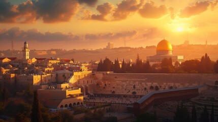 Fototapeta premium The Sun Is Setting Over the City of Jerusalem and the Dome of the Rock - Generative AI