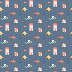 Kids seamless pattern with car, bus and road. Perfect for fabric , digital paper, cards.