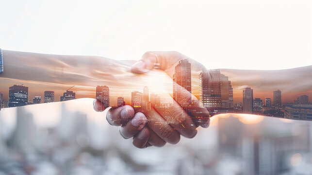 Business team holding hands, cityscape double exposure, unity concept, warm sunlight, modern style