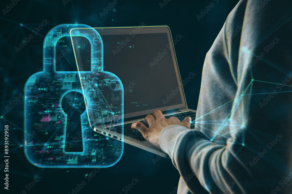 Poster Side view of hacker hands using laptop with creative glowing polygonal safety hologram on dark background. Web protection and cloud concept.