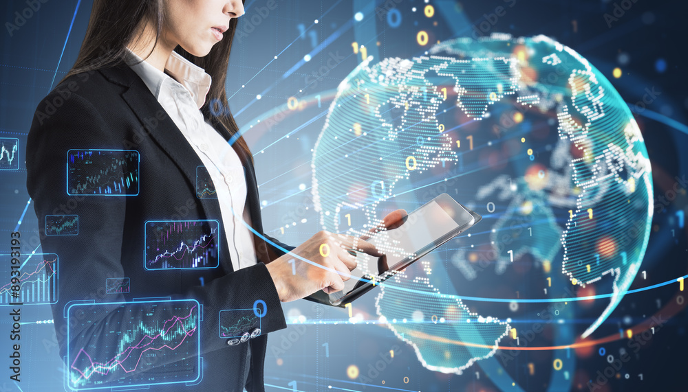Poster Close up of businesswoman hands using tablet with creative binary coding globe on blurry background. World map and global business technologies concept. Double exposure.
