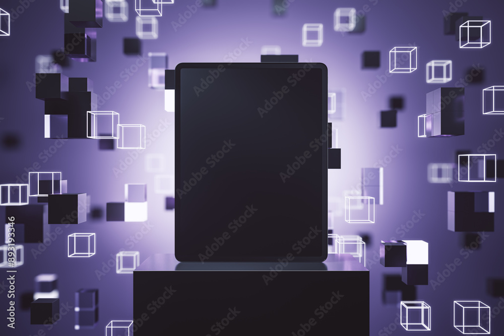 Poster Empty white tablet on creative digital cubes background with pedestal and mock up place. 3D Rendering.