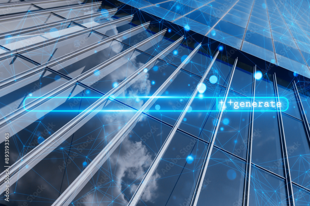 Poster creative glowing blue search bar on blurry polygonal city building background. search engine optimiz