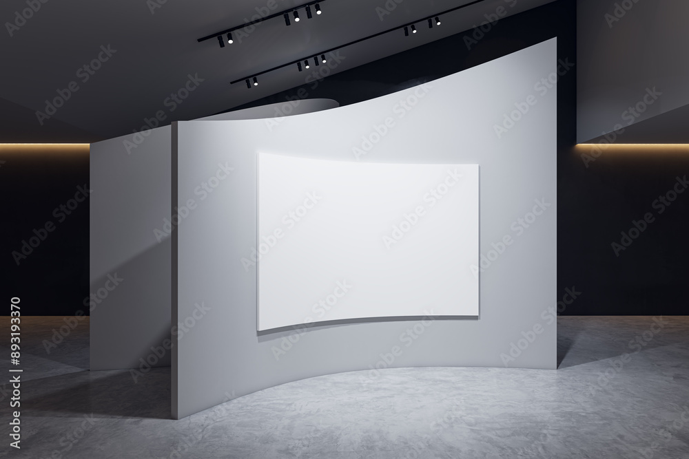 Poster modern concrete gallery interior with shaped wall and empty white mock up banner. 3d rendering.